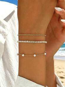 3 Stück/Set modisches, vielseitiges, elegantes, personalisiertes, bohemian-artiges Armband-Set mit Perlen und Kristallkette, geeignet für Teenager-Mädchen, ideal für Sommerausflüge und Strandurlaube - Verschiedenfarbig - Übersicht 3