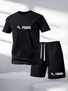 Men's Summer Lightweight Polyester Fabric Short Sleeve T-Shirt And Shorts Set, Personalized Letter Print Pattern, Fashionable Casual Outfit With Pockets And Drawstring Waist Pants, Suitable For Running, Golf, Fishing, Basketball, Camping, Gym, Swimming And Beach, Great Gift For Husband Or Boyfriend - Shorts - View 1