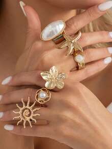 6pcs Metallic Starfish & Sunflower Rings, Exaggerated Faux Pearl Rings, Suitable For Summer Vacation - Multicolor - View 2