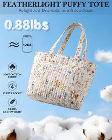 Puffer Tote Bag For Women, Quilted Cotton Laptop Work Tote Shoulder Bag For College School, Teacher, Nurse, Travel | Top Full-Zip Closure, Lightweight, Puffy, With Cosmetic Bag, 40 OZ Tumbler Holder, 14" Computer Bag, Ideal Gift For Women, Wild Flower - Hoa dại - Xem 4