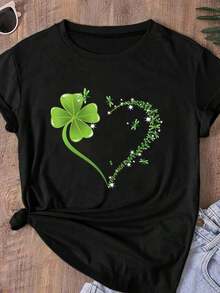 Camiseta casual de manga corta para mujer, con cuello redondo, adecuada para el Día de San Patricio, primavera, verano, otoño, Día de San Valentín o la temporada de regreso a clases, negra, - Negro - Ver 4