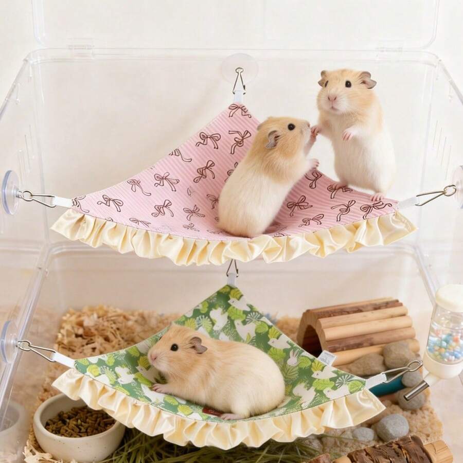 1pc Breathable Washable Small Pet Hammock, Cute Printed Triangle Hanging Bed With Ruffle Edges, Soft Comfortable Sleep Nest Mat Suitable For Dwarf Hamsters, Gliders, Mice And Other Small Pets Cage Decor - View 1