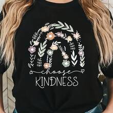 Fashionable T-Shirt With Round Neck And Short Sleeves KINDNESS With Floral Lettering - Black - View 2