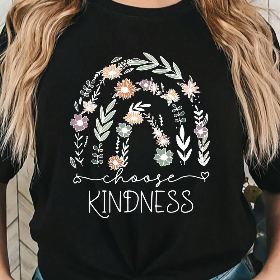 Fashionable T-Shirt With Round Neck And Short Sleeves KINDNESS With Floral Lettering
