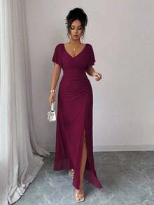 Elenzya Vestido morado claro con cuello en V, mangas con volantes, cintura plisada y abertura, vestido elegante de dama de honor, vestido de fiesta, primavera/verano - Burdeos - Ver 5