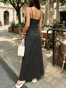 2026 Spring/Summer Women's Valentine's Day Black Base White Polka Dot Spaghetti Strap Maxi Dress With Lace Patchwork Elegant - Black and White - View 7