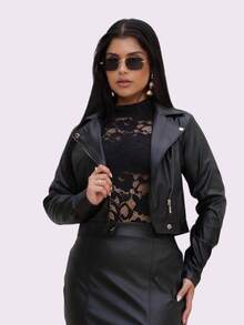 Women's Luxury Faux Leather Biker Jacket With Zipper - 因此 02 - 查看 2