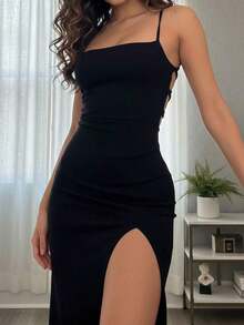 Vestido elegante de unicolor y sexy con espalda descubierta y abertura alta, para fiestas y eventos casuales de verano en color negro - Negro - Ver 2