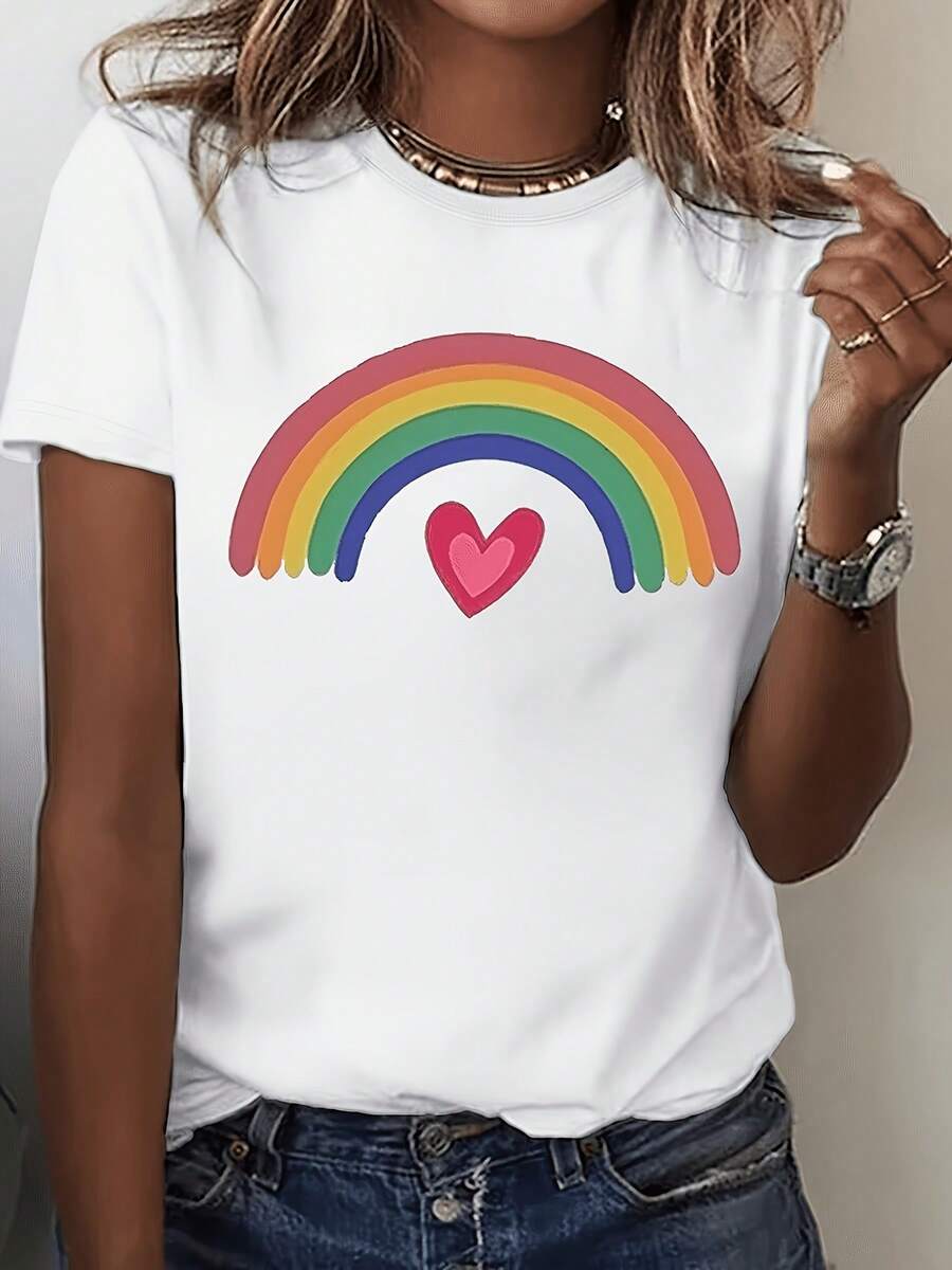 Camiseta de manga corta impresa de las mujeres, Top casual de cuello redondo suave, lavable en máquina, Estilo cómodo para la primavera y el verano, Diseño de moda, Tela transpirable, Top impreso