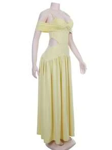 Women's Off-The-Shoulder Maxi Dress With Pleats And Ribbon Embellishment - Yellow - View 5
