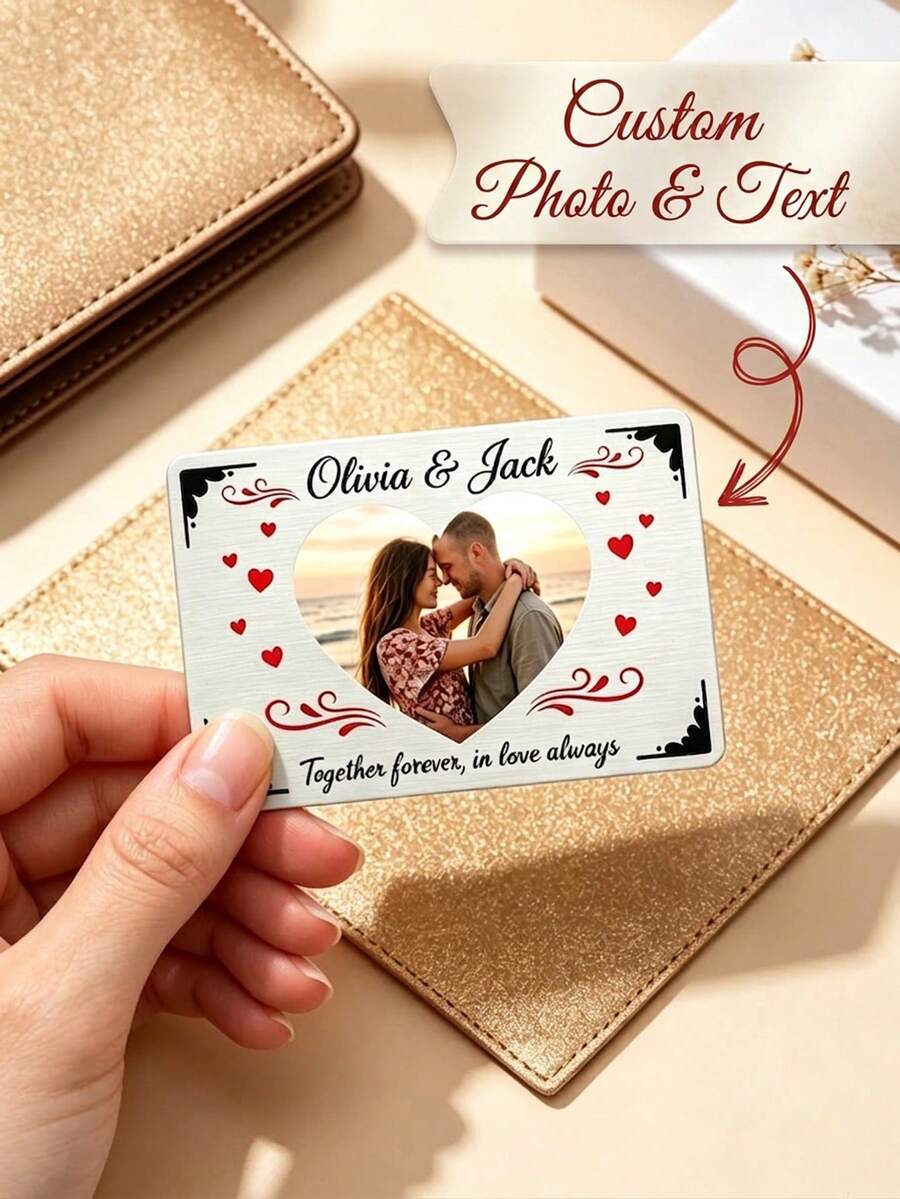 1pcCustom Photo Collage Metal Wallet Insert Card, Personalized Couple Keepsake Card, Customizable Text Photo Card, Mini Pocket Memory Card Stainless Steel Material, Brushed Metal Finish, Engraved & Printed, Slim Credit Card Size, Long-Lasting Couples - Brown - View 1