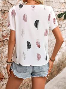 Camisa de manga corta con cuello redondo y manga abullonada con estampado de plumas para mujer - BLANCO - Ver 2