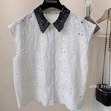 Camisa sin mangas con cuello de encaje y bordado de flores, moda femenina, nuevo estilo de verano, cuello tipo  versátil ... - Negro - Ver 2