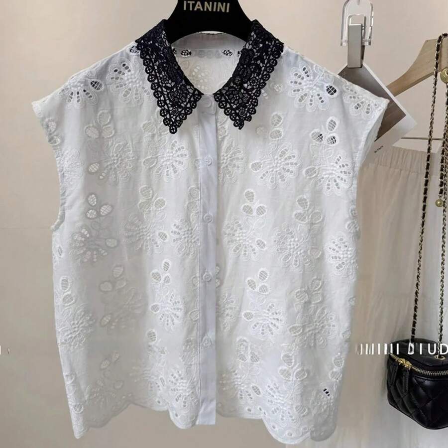 Camisa sin mangas con cuello de encaje y bordado de flores, moda femenina, nuevo estilo de verano, cuello tipo  versátil ... - BLANCO - Ver 1