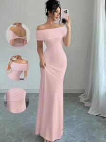Vestido de fiesta con hombros descubiertos, vestido midi ajustado sexy sin mangas para mujer, vestido de cóctel elegante con vendaje para salir por la noche - Rosa - Ver 4