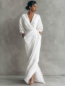 Linen-Blend Wrap Maxi Dress, V-Neck Batwing Sleeve Waist Tie With Slit, Elegant Formal Evening Gown - 天藍色 - 查看 8