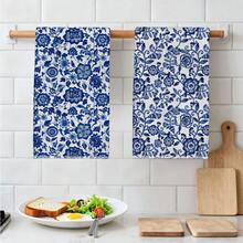 MEMNUN 2条蓝色水彩花卉印花厨房毛巾，尺寸为15.75*23.62英寸（40*60厘米），采用柔软的超细纤维材质，可用作洗碗布和手巾，是厨房和餐厅装饰的理想之选，四季皆宜 - 彩色 - 查看 6