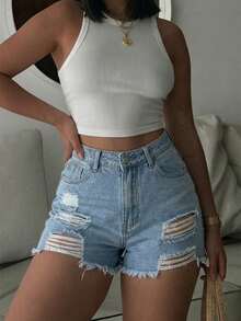 Damen Sommer Strand Urlaub lässig Destroyed Fransensaum Sexy Figurbetonter Jeans Shorts, Y2K Stil - Helle Waschung - Übersicht 3