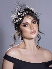 1pc Handmade Beaded Black Mesh Headband, Elegant Luxury Bridal Hair Accessory, Fashion Wedding Party Photography Decoration,Festival,Birthday - Black - View 2