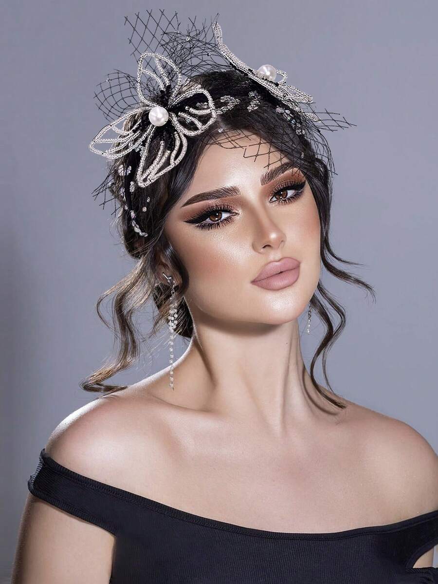 1pc Handmade Beaded Black Mesh Headband, Elegant Luxury Bridal Hair Accessory, Fashion Wedding Party Photography Decoration,Festival,Birthday
