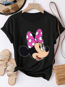 Disney 1件女士短袖T恤，迪士尼米妮图案印花，圆领，弹力面料，易打理，适合日常穿着，时尚女士短袖T恤，休闲服饰 - 黑色 - 查看 1