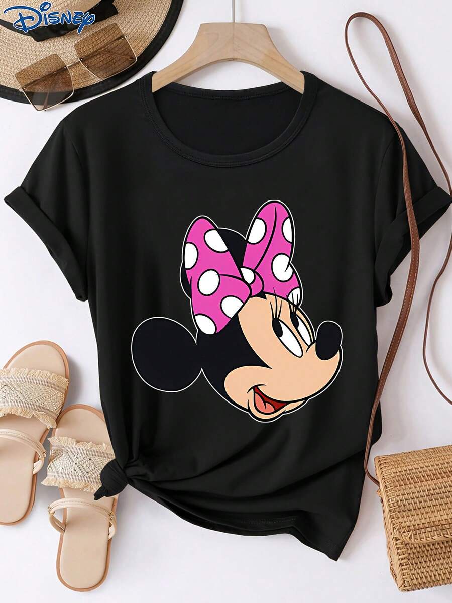 Disney 1件女士短袖T恤，迪士尼米妮图案印花，圆领，弹力面料，易打理，适合日常穿着，时尚女士短袖T恤，休闲服饰 - 黑色 - 查看 1