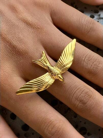 1 chiếc nhẫn thép không gỉ hình chim bồ câu và biểu tượng hòa bình, kiểu dáng thời trang và thanh lịch dành cho nữ, có thể điều chỉnh kích cỡ, mạ vàng 18K.