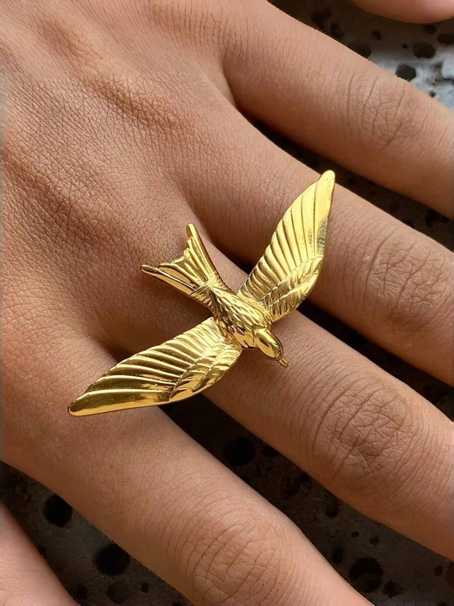 1pc Stainless Steel Bird & Dove Peace Open Ring, Fashionable & Elegant Ring For Women, Adjustable Size 18K Gold Plated - Multicolor - View 1
