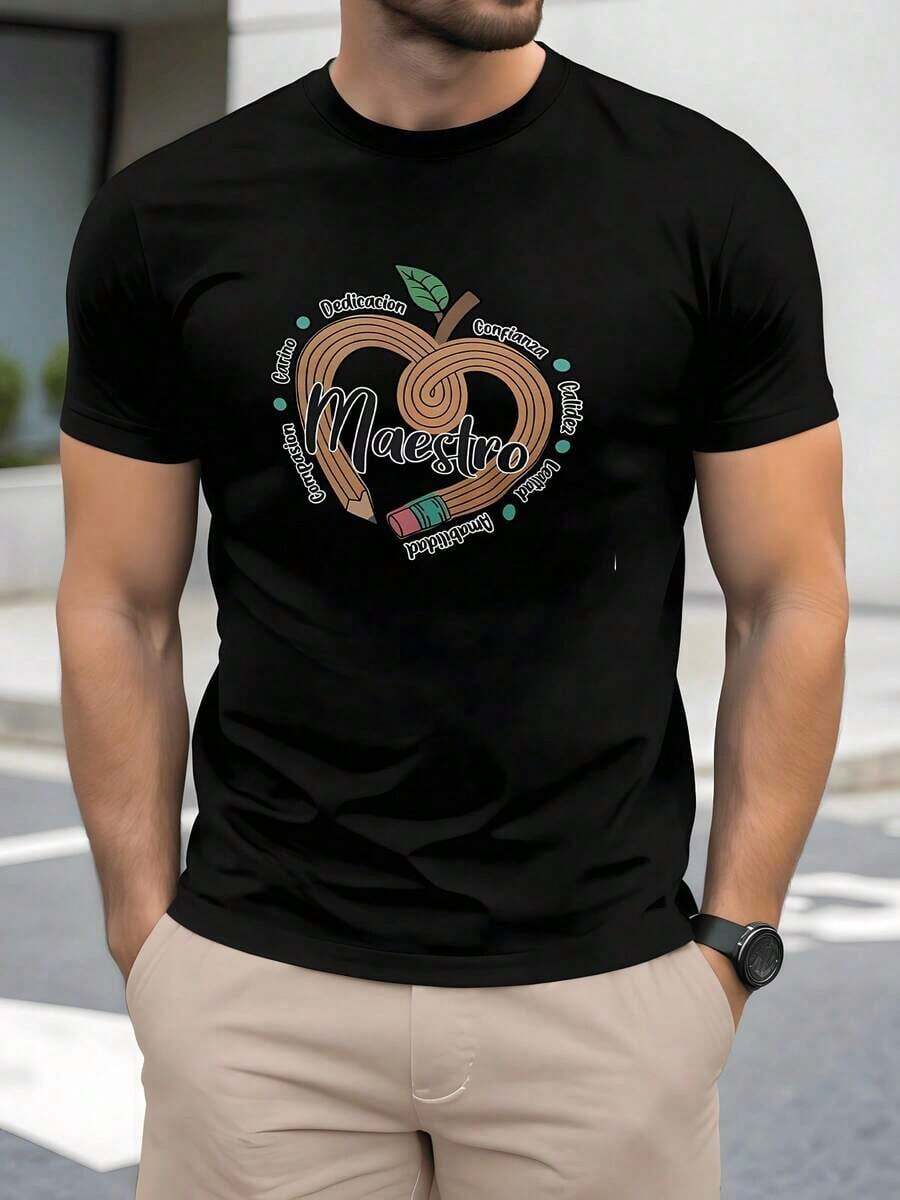 Imagen de una manzana formada por lápiz y borrador que simboliza la educación la creatividad la confianza y la dedicación del maestro transmitiendo gratitud respeto e inspiración para quienes ense? an con pasión camiseta de hombre talla grande 100% algodón(unisex, small and fresh, simple, for teenagers) - Negro - Ver 1