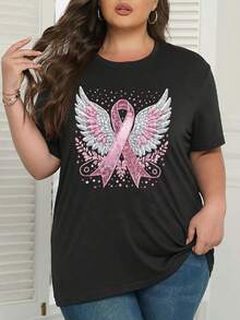 Women's Angel Wings Tassel T-Shirt - Pink Breast Cancer Awareness, Casual Round Neck, Short Sleeve, Elastic, Geometric Design, Suitable For Spring, Summer, Autumn, Breast Cancer Awareness T-Shirt - 黑色 - 查看 1