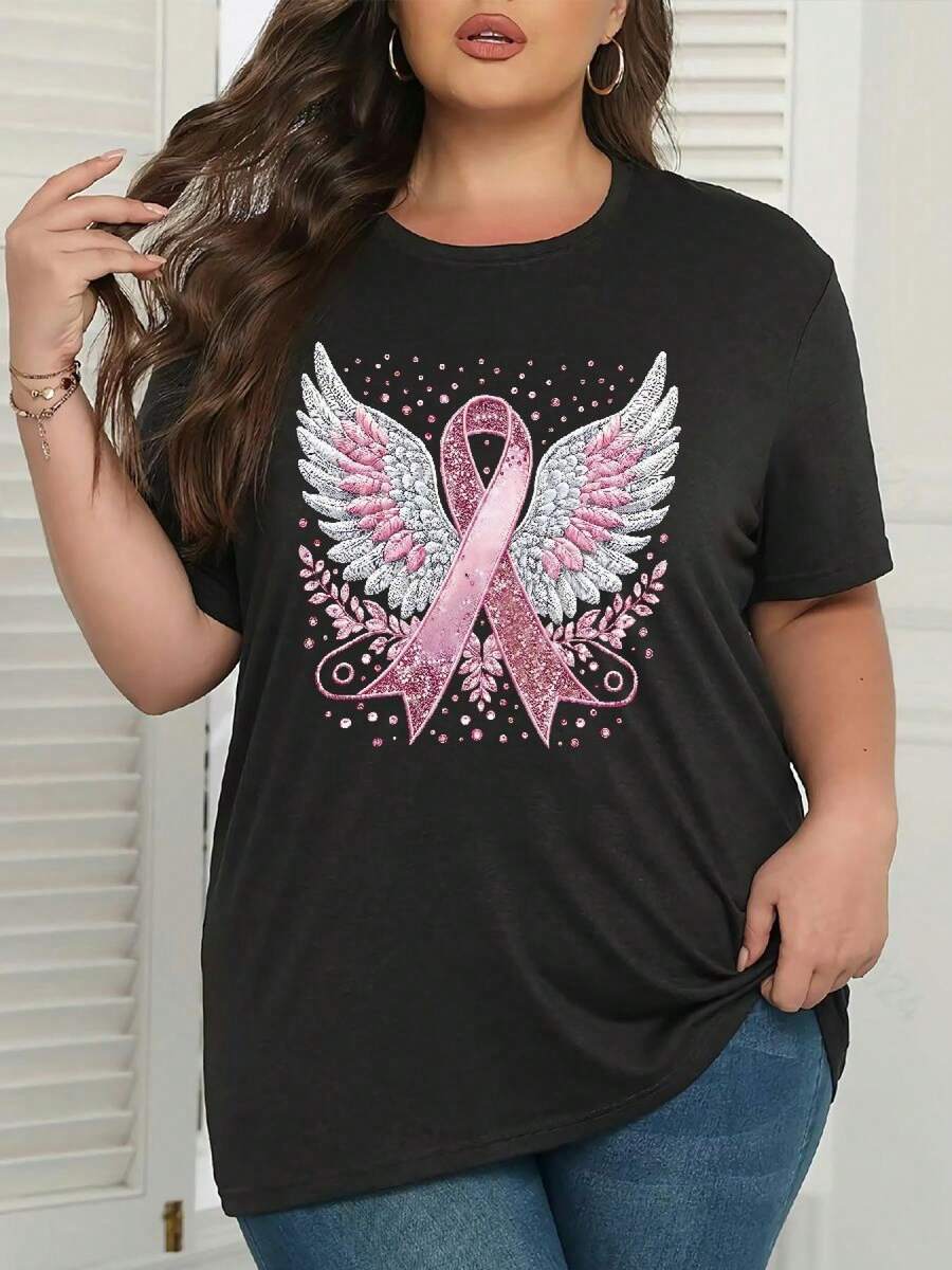 Women's Angel Wings Tassel T-Shirt - Pink Breast Cancer Awareness, Casual Round Neck, Short Sleeve, Elastic, Geometric Design, Suitable For Spring, Summer, Autumn, Breast Cancer Awareness T-Shirt - 黑色 - 查看 1