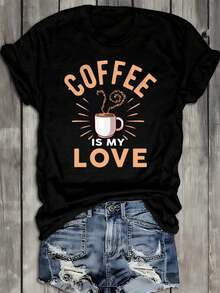 Women's 180GSM 100% Retro Coffee Love T-Shirt - Black Short Sleeve Crew Neck Casual Streetwear With Coffee Cup And Heart Latte Art Design, Matching Couple T-Shirts - 黑色 - 查看 1