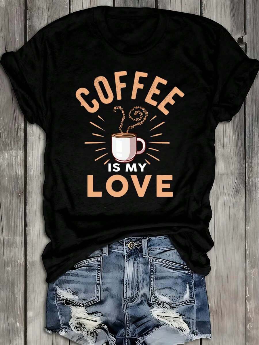 Women's 180GSM 100% Retro Coffee Love T-Shirt - Black Short Sleeve Crew Neck Casual Streetwear With Coffee Cup And Heart Latte Art Design, Matching Couple T-Shirts - 黑色 - 查看 1