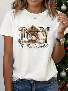 Navidad alegría universal Navidad pesebre moda casual impresión patrón mujer cuello redondo camiseta comunidad local tienda en stock rápido pelo suave algodón comodidad disfrutar de descuento adecuado para Pascua, Halloween, Acción de Gracias y así sucesivamente - Blanco - Ver 2