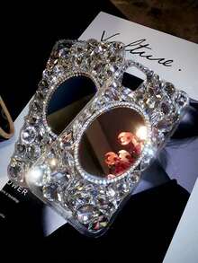Luxury Bling Rhinestone Glass Oval Makeup Mirror Phone Case, Suitable For IPhone 17 Pro Max/16 Plus, S25 Series/NOTE20 Series, Anti-Drop Phone Cover - White - View 5