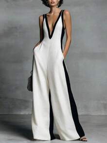 Elegant Sleeveless Deep V Neck Long Polyester Jumpsuit With Wide Leg And Side Stripe For Women's Party Wear - trắng - Xem 1
