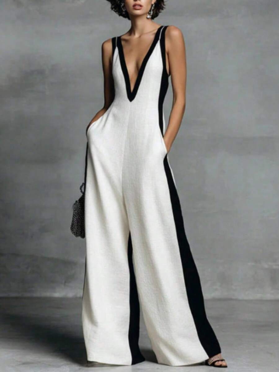 Elegant Sleeveless Deep V Neck Long Polyester Jumpsuit With Wide Leg And Side Stripe For Women's Party Wear - trắng - Xem 1