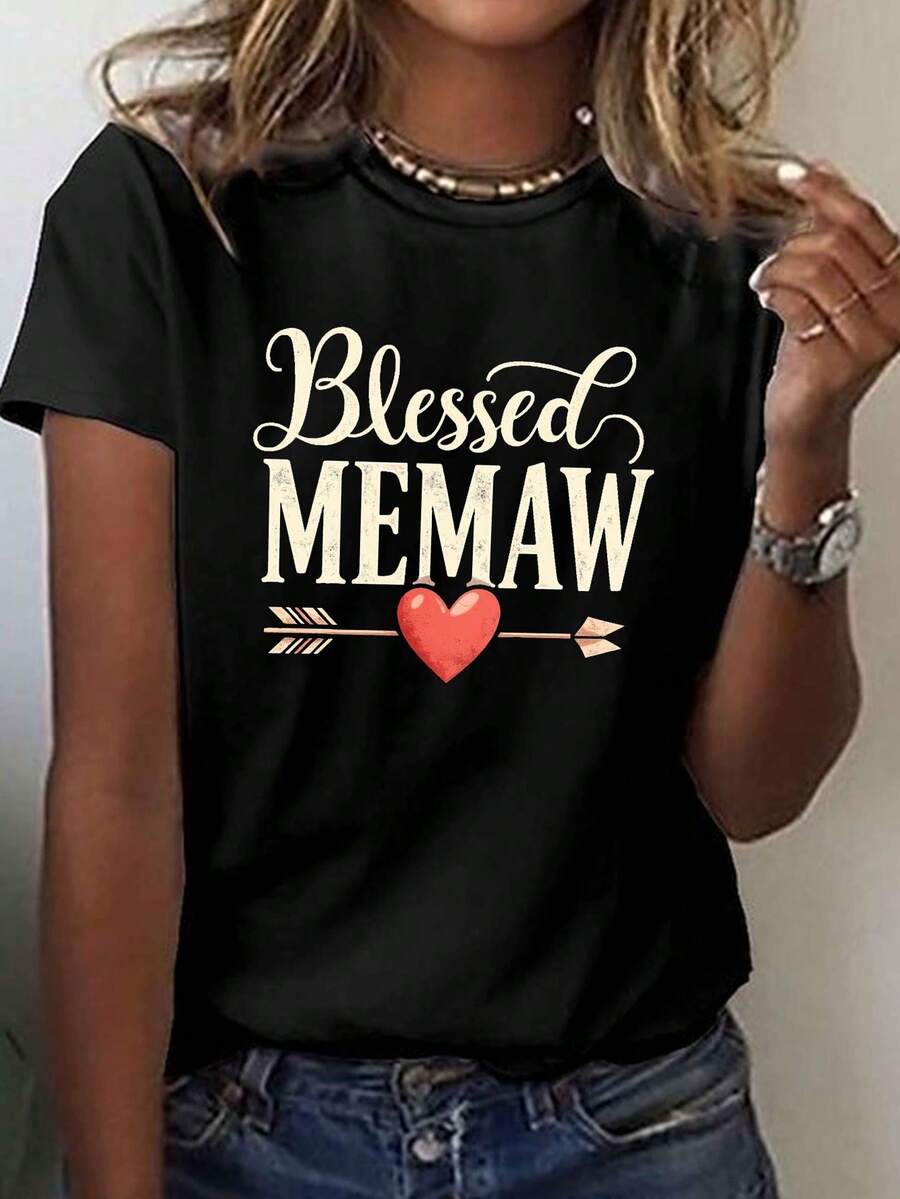 Short-Sleeved Crew Neck T-Shirt With Blessed Memaw Print, Perfect For Spring And Summer, Designed For Women - Black - View 1