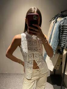 ZAHM Áo vest không tay ren trắng kiểu Trung Quốc | Áo vest cổ đứng không tay cài nút kiểu Trung Quốc | Áo kiểu xếp lớp thanh lịch mùa xuân/hè - trắng - Xem 3