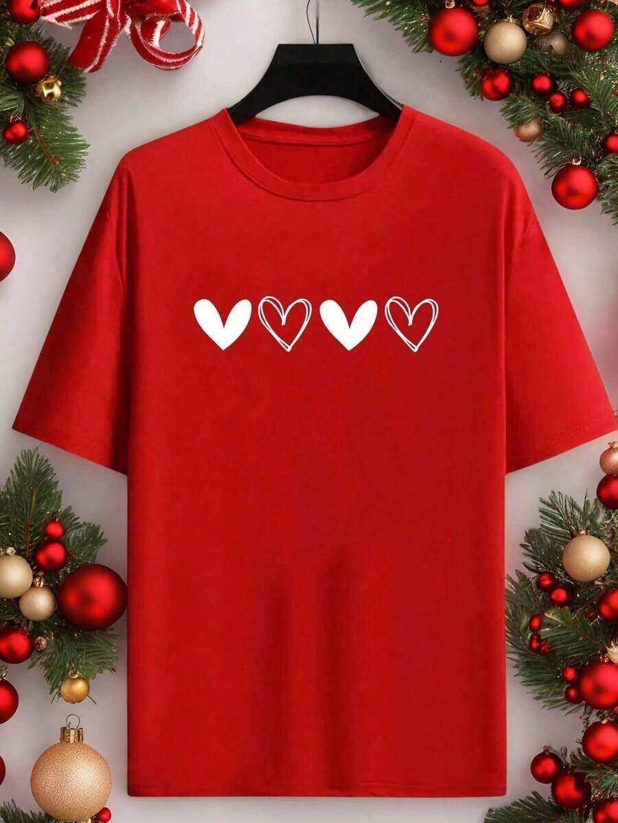 Camiseta gráfica de mujer de manga corta con cuello redondo, de moda con estampado de corazón, para uso diario casual - Rojo y blanco - Ver 1