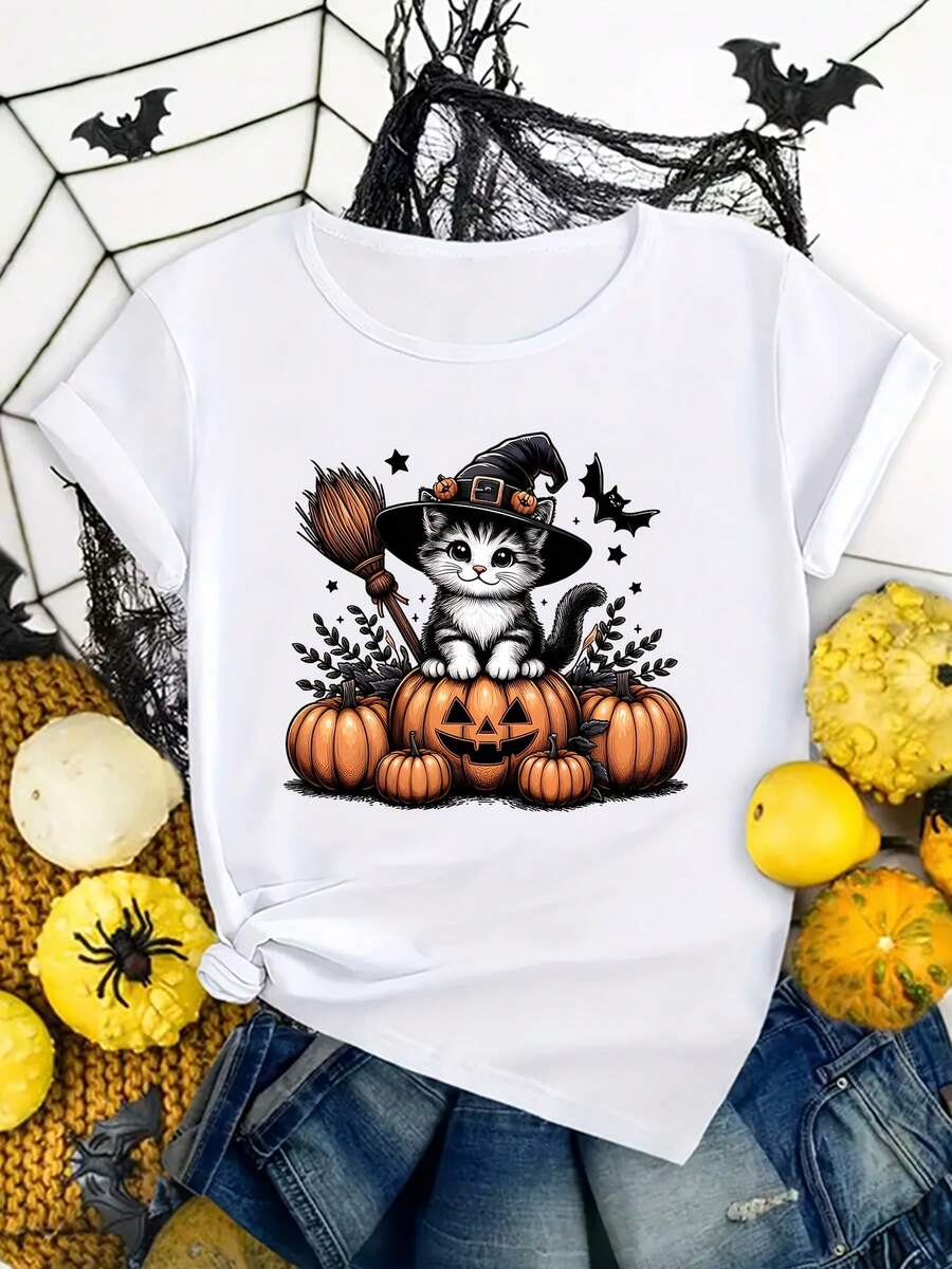 Camiseta suelta y cómoda impresa de Halloween, ropa de casa y ropa deportiva linda, Adecuada para reuniones de trabajo, Camiseta, Camiseta impresa, Desarrollo dirigido, Vestido deportivo de carrera, Estilo de desarrollo