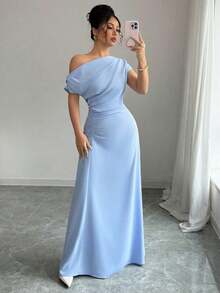 Vestido de mujer con estampado minimalista, hombro asimétrico y talle fruncido - Azul 2 - Ver 1