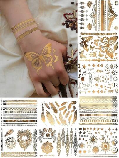 9 feuilles de tatouages temporaires dorés, tatouages métalliques pailletés avec des designs de lion doré, soleil festif, lune, étoile, papillon. Faux tatouages pour le corps, art corporel pour l'été, les voyages, les festivals de musique, les fêtes de Pâques et les accessoires