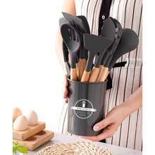 12pcs Silicone & Wooden Handle Non-Stick Kitchen Spatula & Ladle Set, Including Soup Spoon And Skimmer, Cooking Utensils Set - Multicolor - View 8