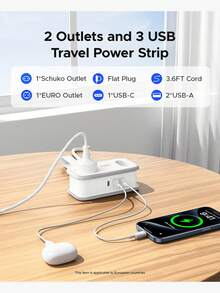ORICO 欧洲便携式旅行电源插座，5 合 1，带 2 个交流电源插座、2 个 USB-A 端口和 1 个 USB-C 端口，45° 扁平插头延长线，无浪涌保护，适用于旅行/家庭/宿舍/办公室 - 查看 3