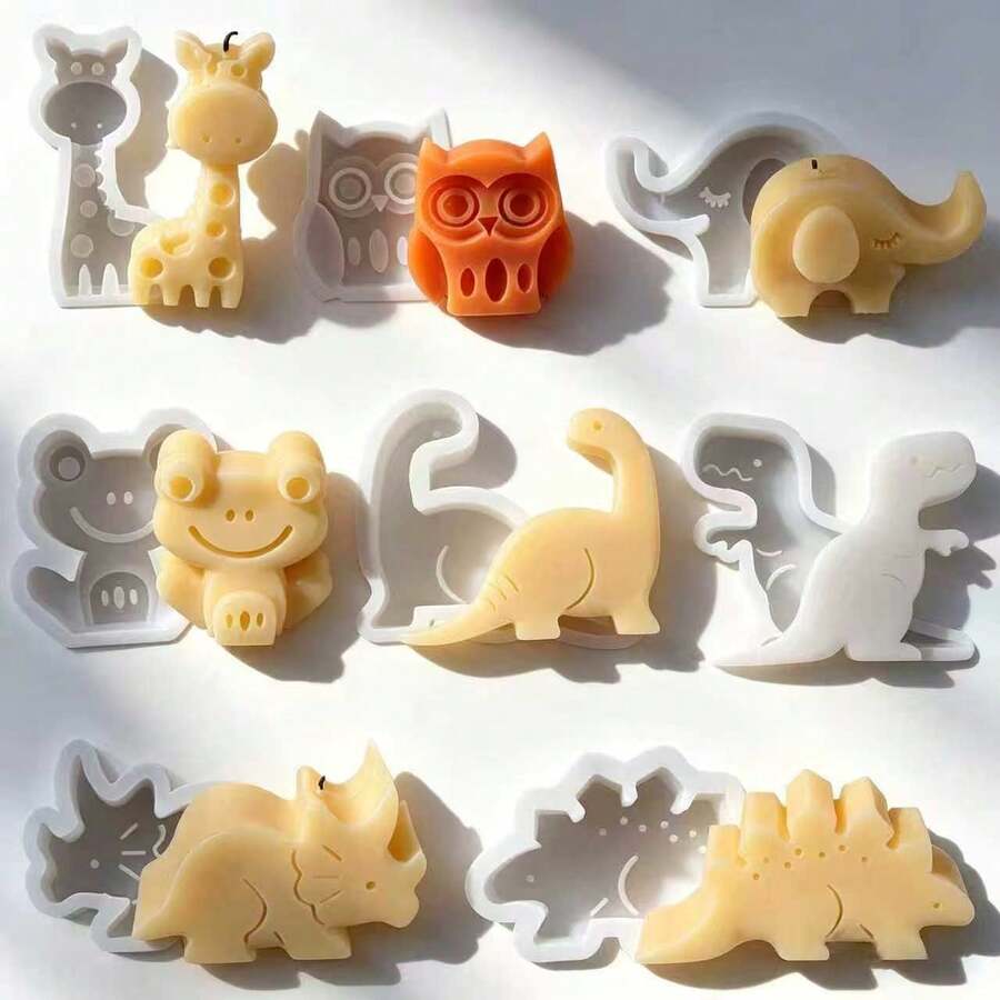 新款卡通动物（恐龙、长颈鹿、青蛙、大象、猫头鹰）硅胶模具，DIY蜡烛模具，软陶香薰石蜡烛模具 - 彩色 - 查看 1