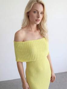 Women's Solid Color Off Shoulder Fitted Ribbed Knit Dress - Yellow - View 5