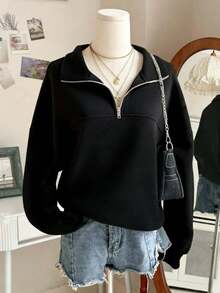Women's Loose Split Zip-Up Hoodie, Fleece-Lined Casual Sport Sweatshirt With Half-Zip & Turn-Collar, Graduation/Teacher/Back To School Pullover For Spring/Autumn, Women Curve Essential, Christmas Long Sleeve Top & Valentine/New Years Outfit, Holiday Gift - màu đen - Xem 1