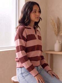 Women's Striped Knit Polo Neck Long Sleeve Ribbed Knit Sweater For Autumn/Winter - Xanh hải quân/Xanh nhạt - Xem 3