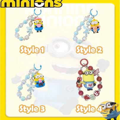  Süßer Minions Perlenanhänger - Cartoon Minions Charakterschlüsselanhänger mit Perlenkette, Kawaii blau & gelb Minions Taschenanhänger, süßer Handyband-Trageriemen für Frauen und Mädchen, Minions-Themen-Schlüsselanhänger für Rucksack, Handtaschendekoration, einzigartiges Geschenk für Minions-Fans, Mode-Schlüsselanhänger-Accessoire, Perlen-Schlüsselanhänger für den täglichen Gebrauch